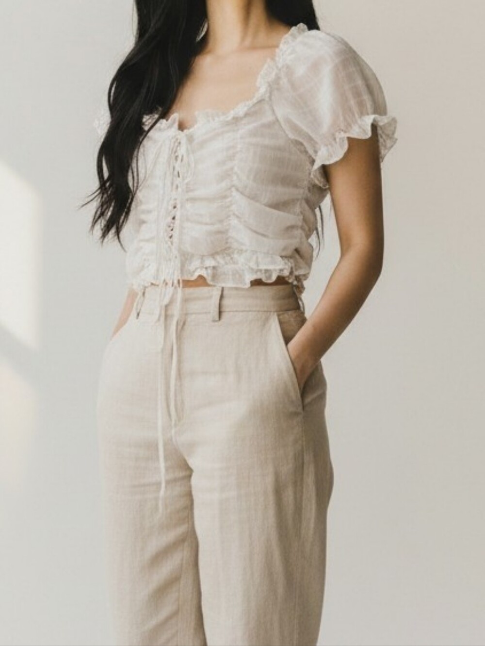 IRIS | Crop Corset Top Ivory Small Cottage Puff Sleeves Fairy